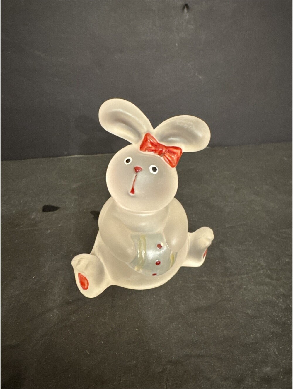 Unmarked Frosted Glass Rabbit Figurine White with Red Bow Decorative